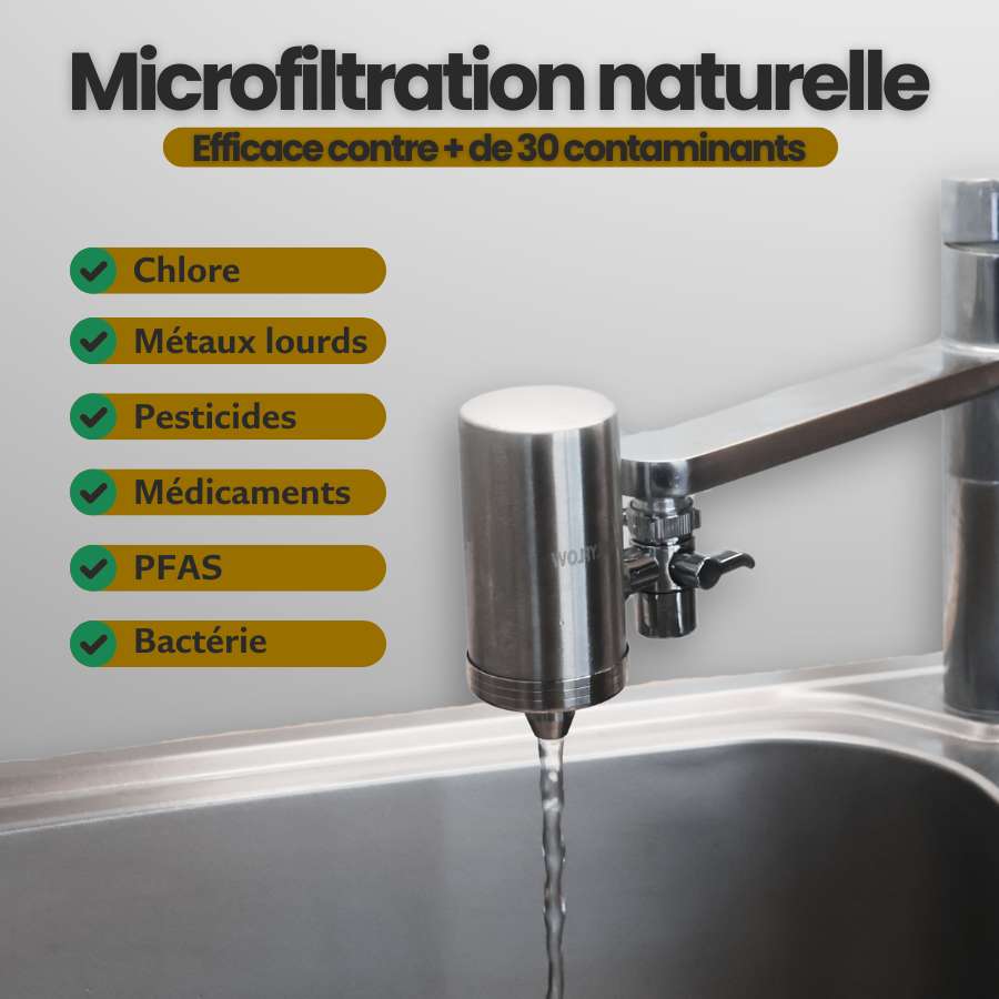 Filtre à eau robinet universel – Inox | Élimine chlore et + de 30 polluants