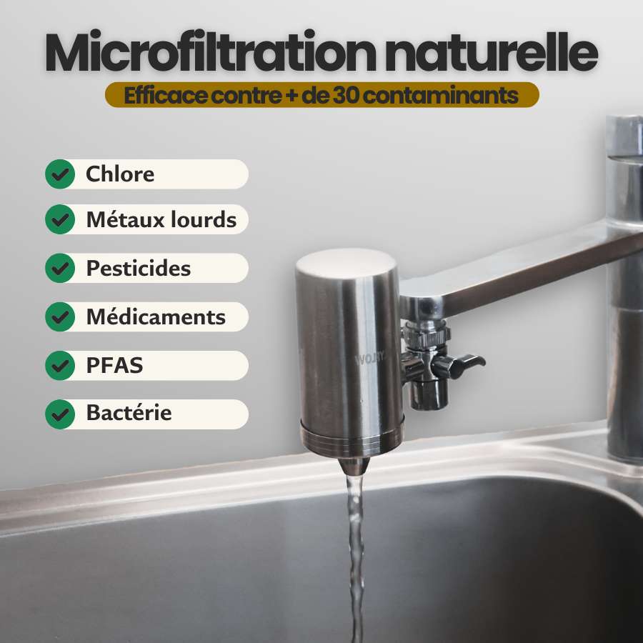 Filtre à eau robinet universel – Inox | Élimine chlore et + de 30 polluants