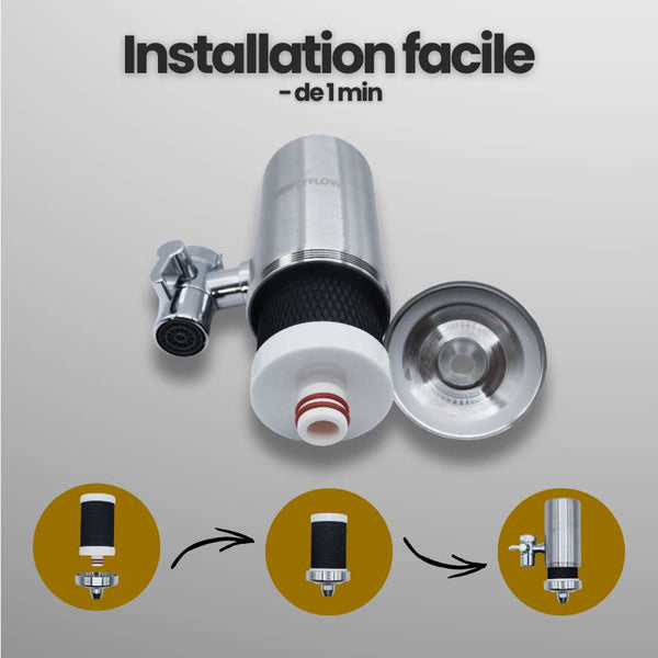 Filtre à eau robinet universel – Inox | Élimine chlore et + de 30 polluants