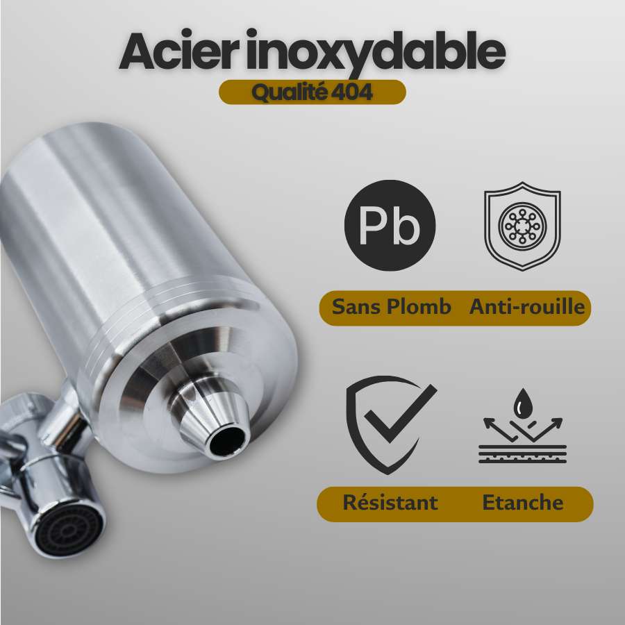 Filtre à eau robinet universel – Inox | Élimine chlore et + de 30 polluants