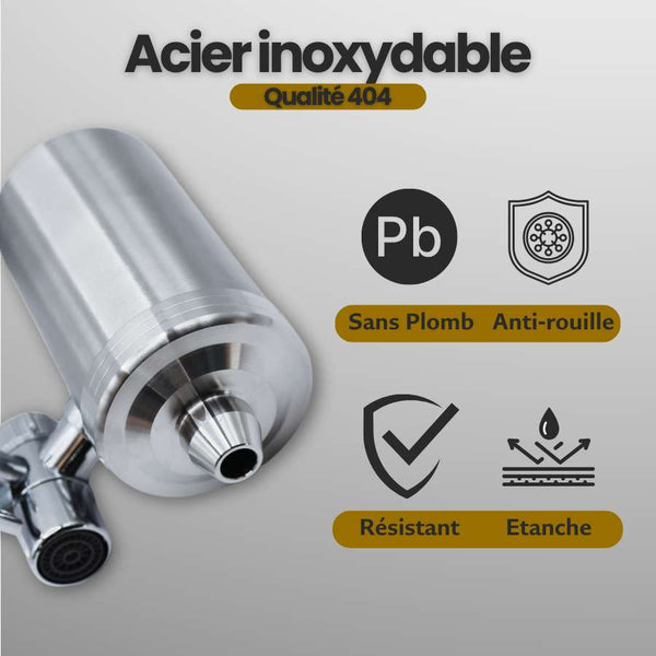 Filtre à eau robinet universel – Inox | Élimine chlore et + de 30 polluants