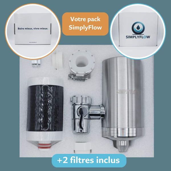 Filtre à eau robinet universel – Inox | Élimine calcaire & chlore – SimplyFlow